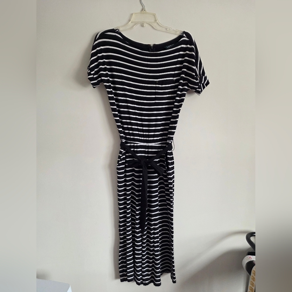 Lauren Ralph Lauren Black and White Striped Short-Sleeve Jumpsuit